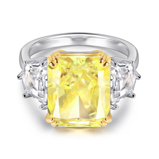 (8CT) Ice Cut Rectangle Yellow Zircon Silver Ring for Women