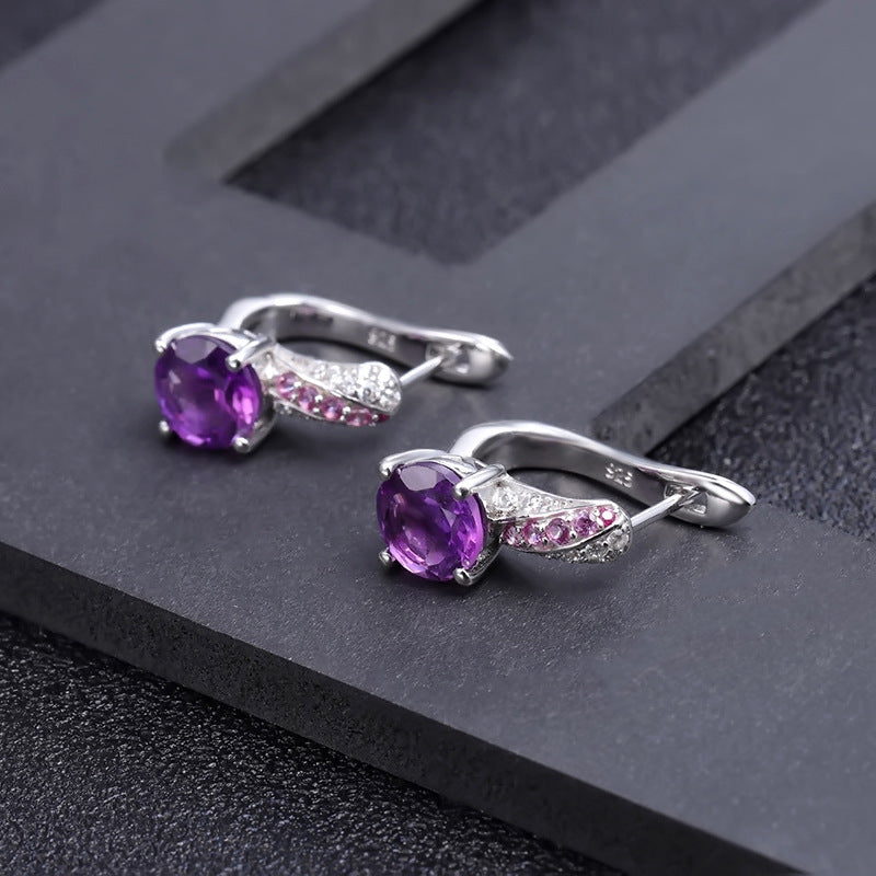 Natural Amethyst Round Cut Silver Studs Earrings for Women