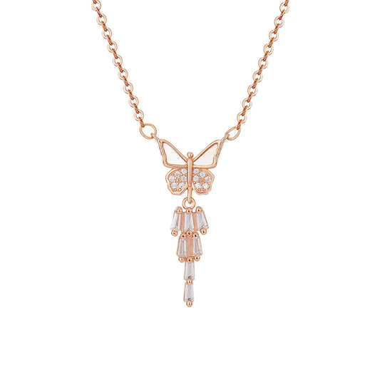 Mother of Pearl Butterfly with Zircon Tassels Silver Necklace for Women