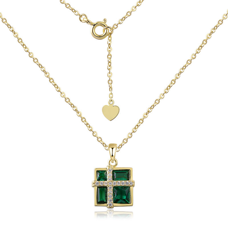 Green Zircon Square Pendant Silver Necklace for Women