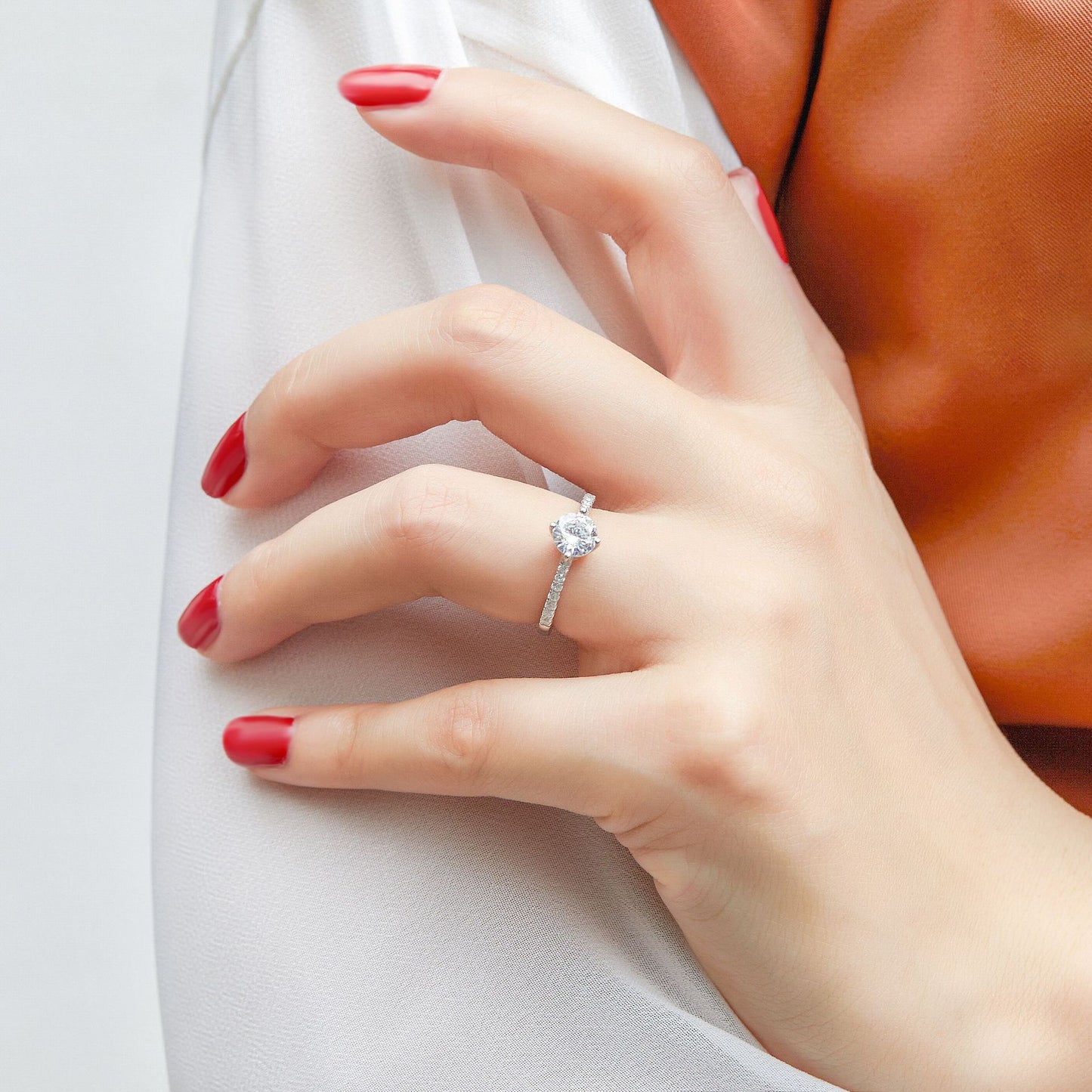 Round Zircon Four Prongs Cathedral Silver Ring