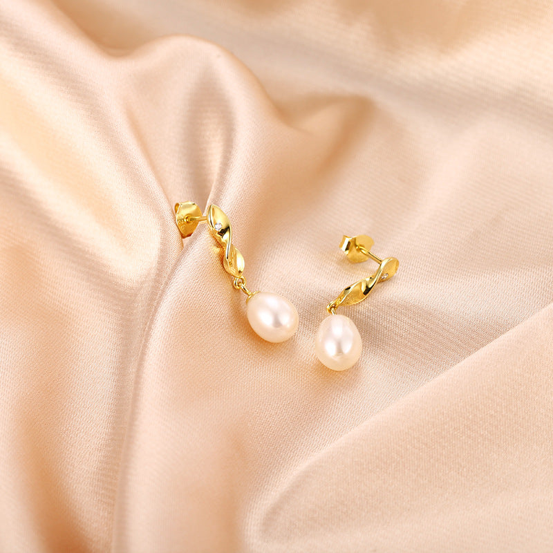 Spiral Shape with Freshwater Pearl Silver Drop Earrings for Women