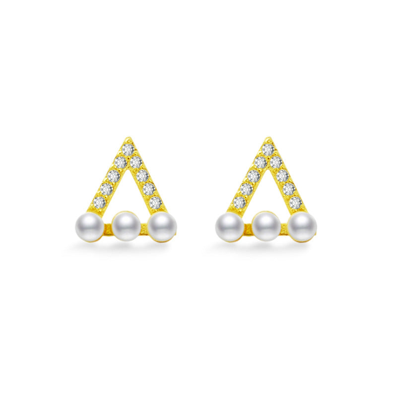 Hollow Zircon Triangle with Pearl Silver Stud Earrings for Women