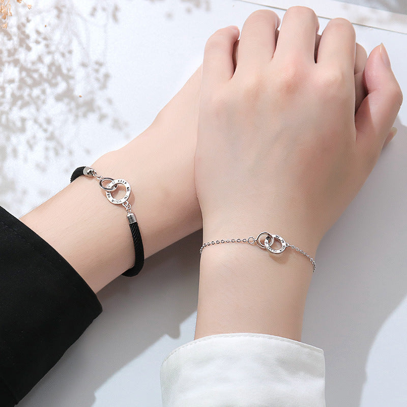 Double Circle Buckle Silver Couple Bracelet for Women
