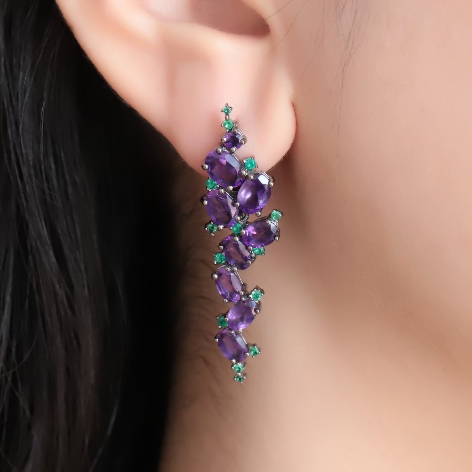 Italian Style Inlaid Natural Amethyst Beading Design Silver Drop Earrings for Women