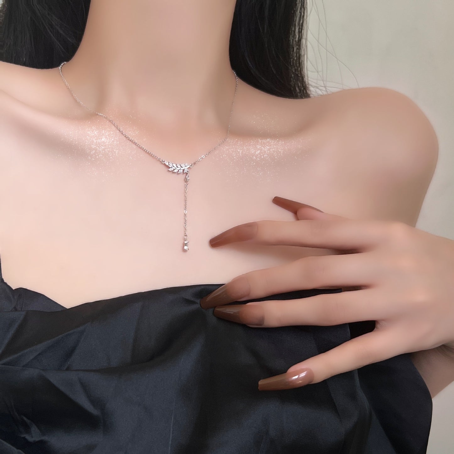 Leaf with Marquise Zircon Tassels Silver Necklace for Women