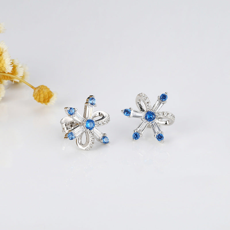 Snowflake Bow with Blue Zircon Silver Studs Earrings for Women