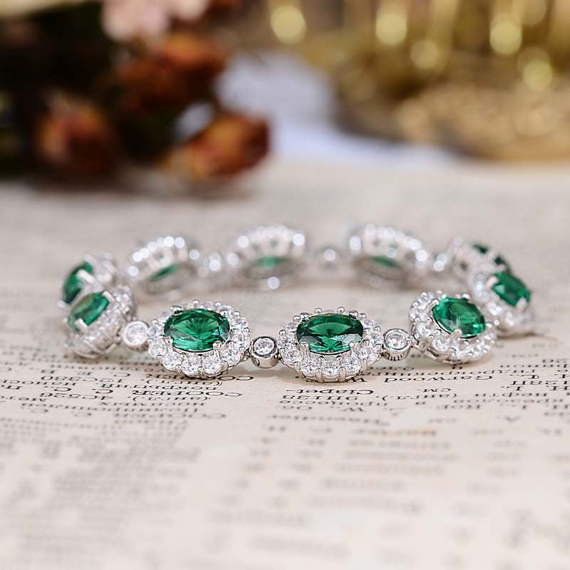 Lab-Created Emerald 6*8mm Oval Ice Cut Soleste Halo Beading Bracelet for Women