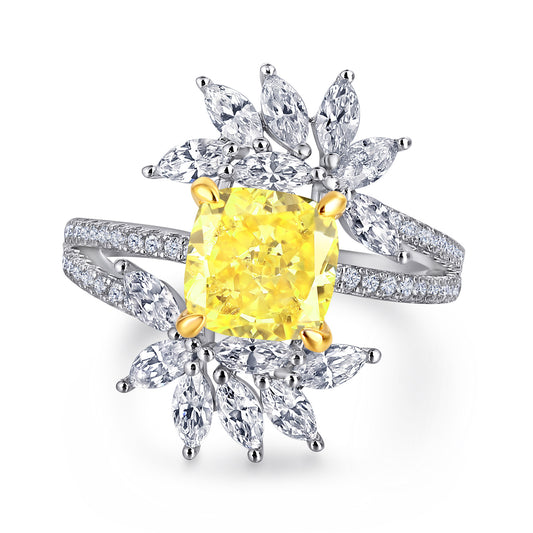 (2.0CT) Ice Cut Cushion Yellow Zircon with Marquise Zircon Silver Ring for Women
