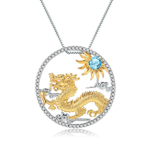 Chinese Style Element Design Zodiac Series Dragon Natural Gemstone Pendant Silver Necklace for Women