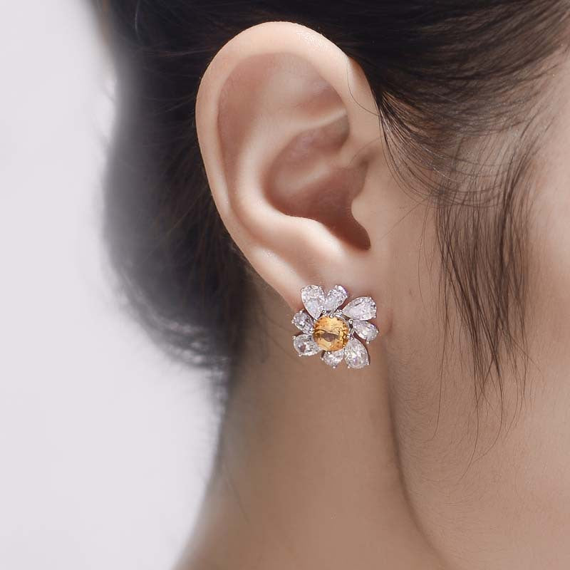 (1.0CT) Natural Yellow Crystal 6.5mm Round Cut Annular Petals Silver Studs Earrings for Women