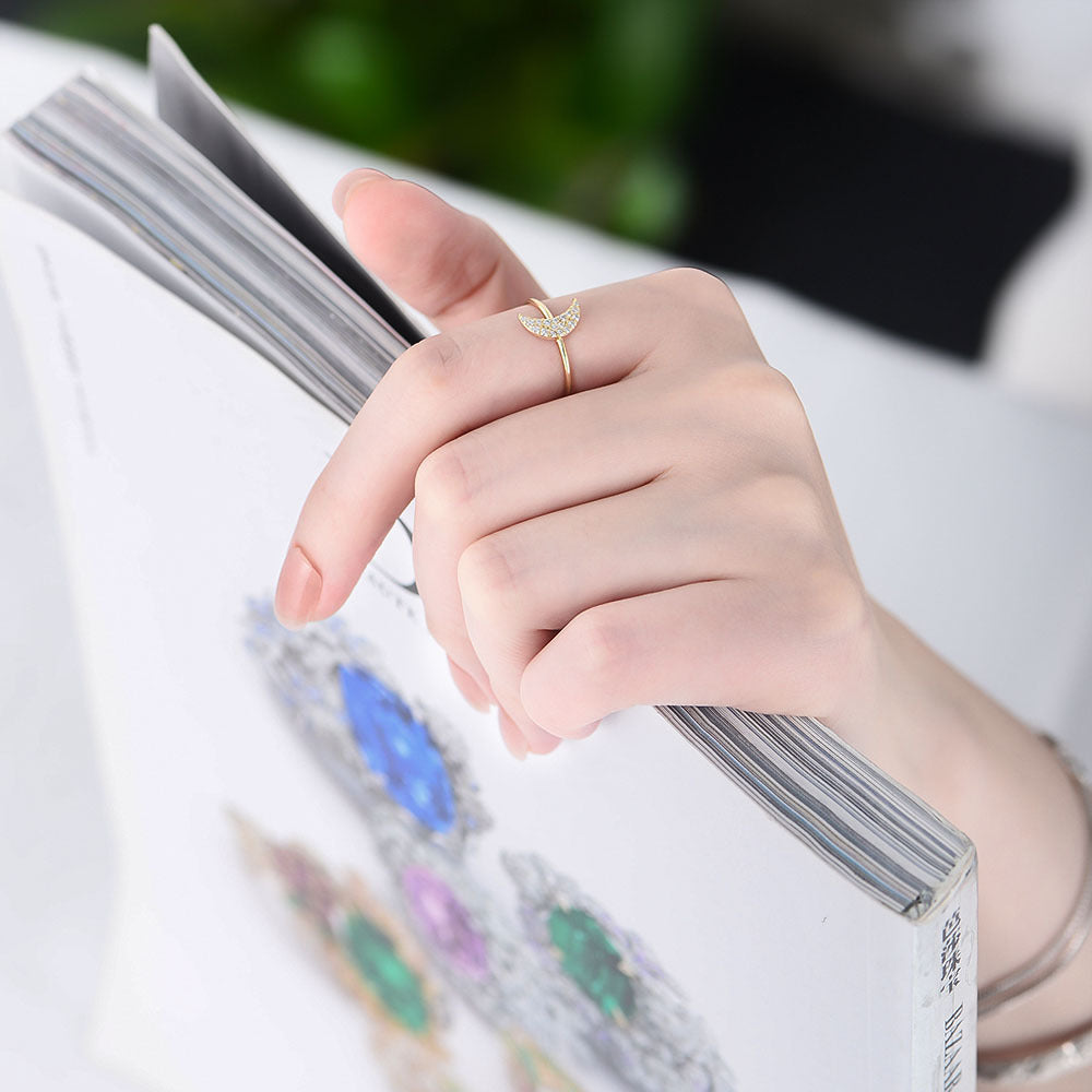 Moon Shape with Zircon Sterling Silver Ring for Women