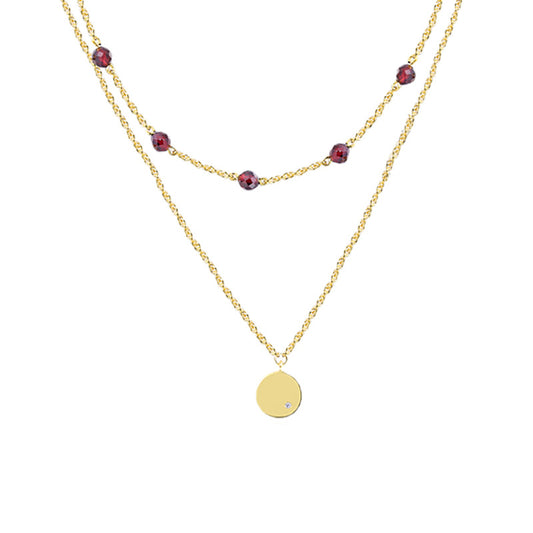 Red Garnet with Circle Pendant Double Layers Silver Necklace for Women