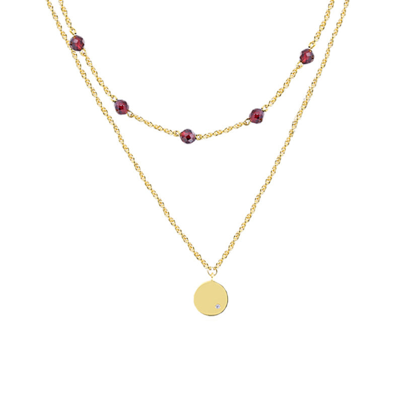 Red Garnet with Circle Pendant Double Layers Silver Necklace for Women