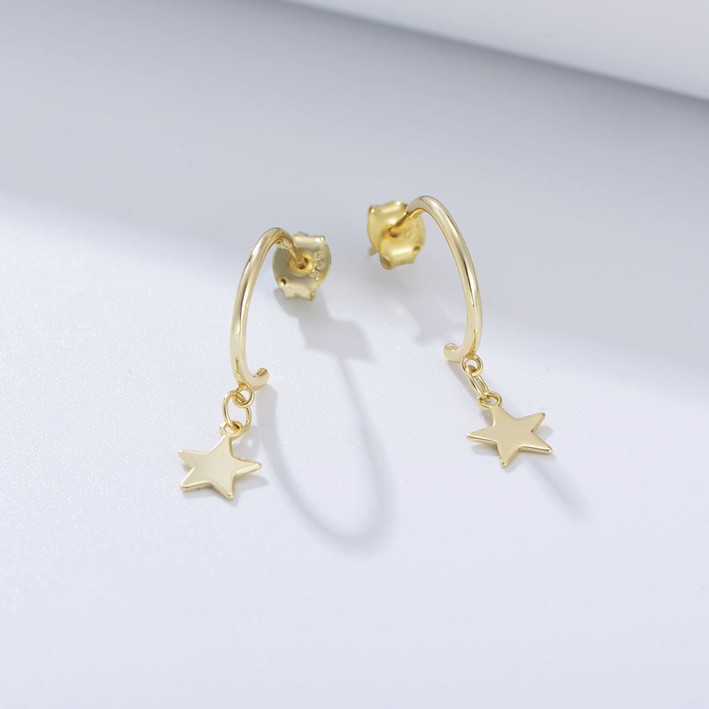 Star Pendant C-shaped Silver Studs Earrings for Women