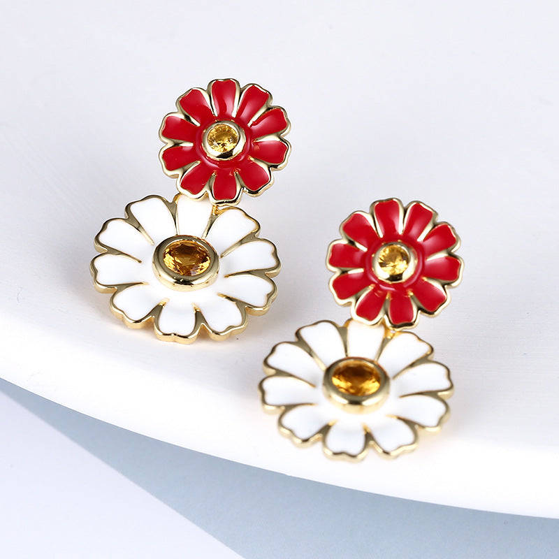 Colourful Daisy Flower with Yellow Zircon Silver Drop Earrings for Women