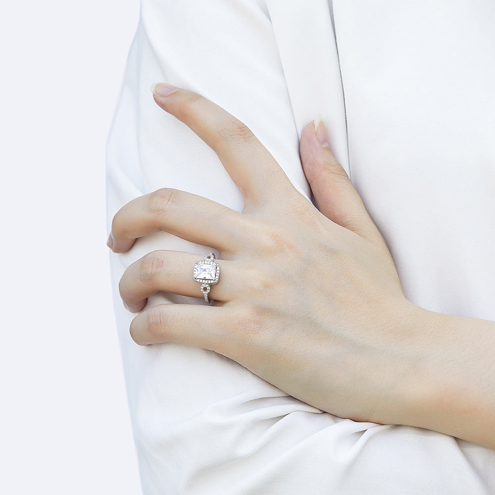 Radiant Cut Zircon Soleste Halo Cathedral Silver Ring for Women