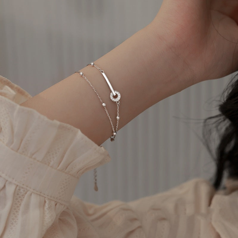 Circle Zircon Buckle Double-layer Silver Bracelet for Women