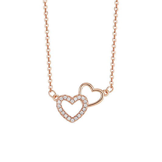 Double Hollow Heart with Zircon Silver Necklace for Women