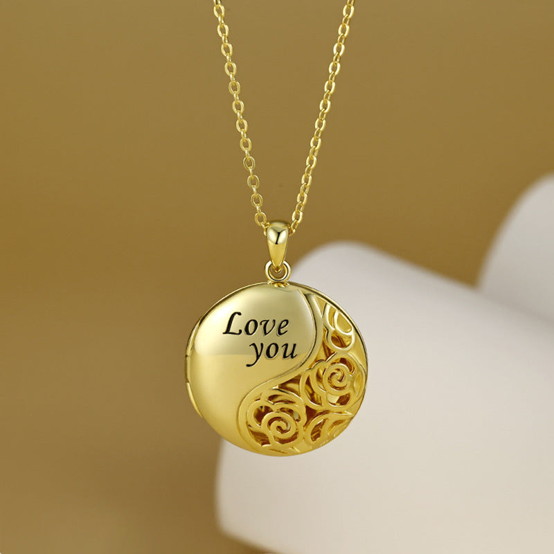 Circle Hollowed-out Photo Put Box Pendant Silver Necklace for Women