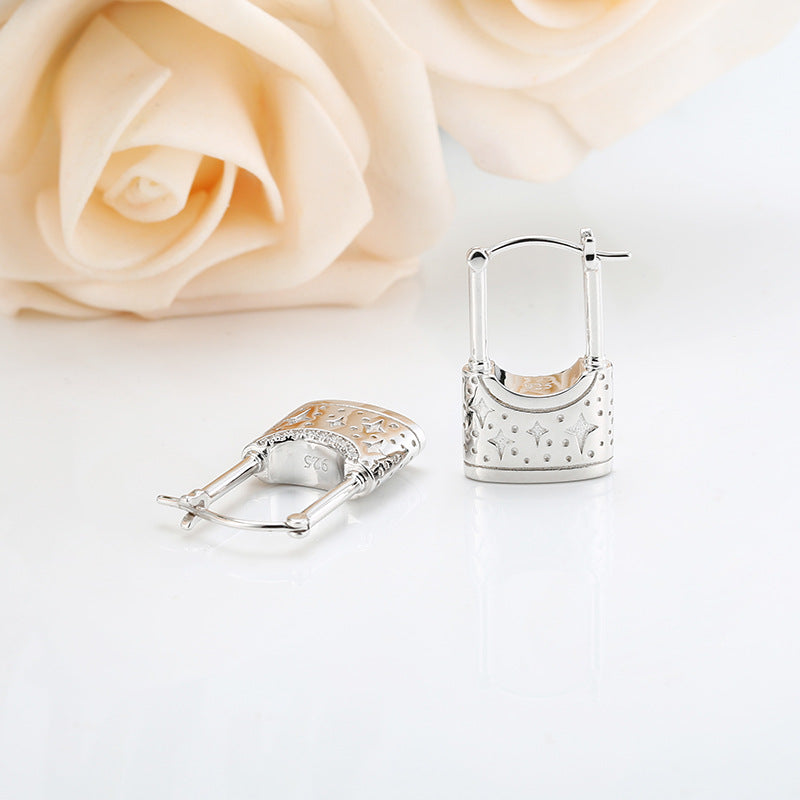 Star Pattern Lock with Zircon Silver Drop Earrings for Women