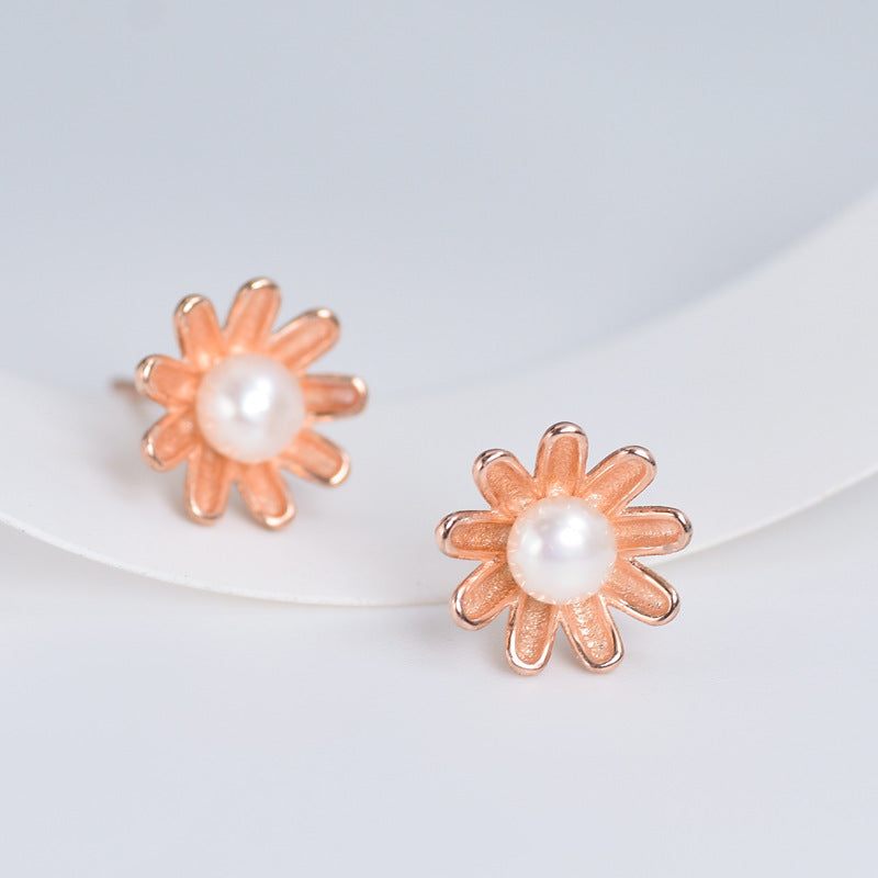 Freshwater Pearl Rose Gold Colour Flower Silver Stud Earrings for Women