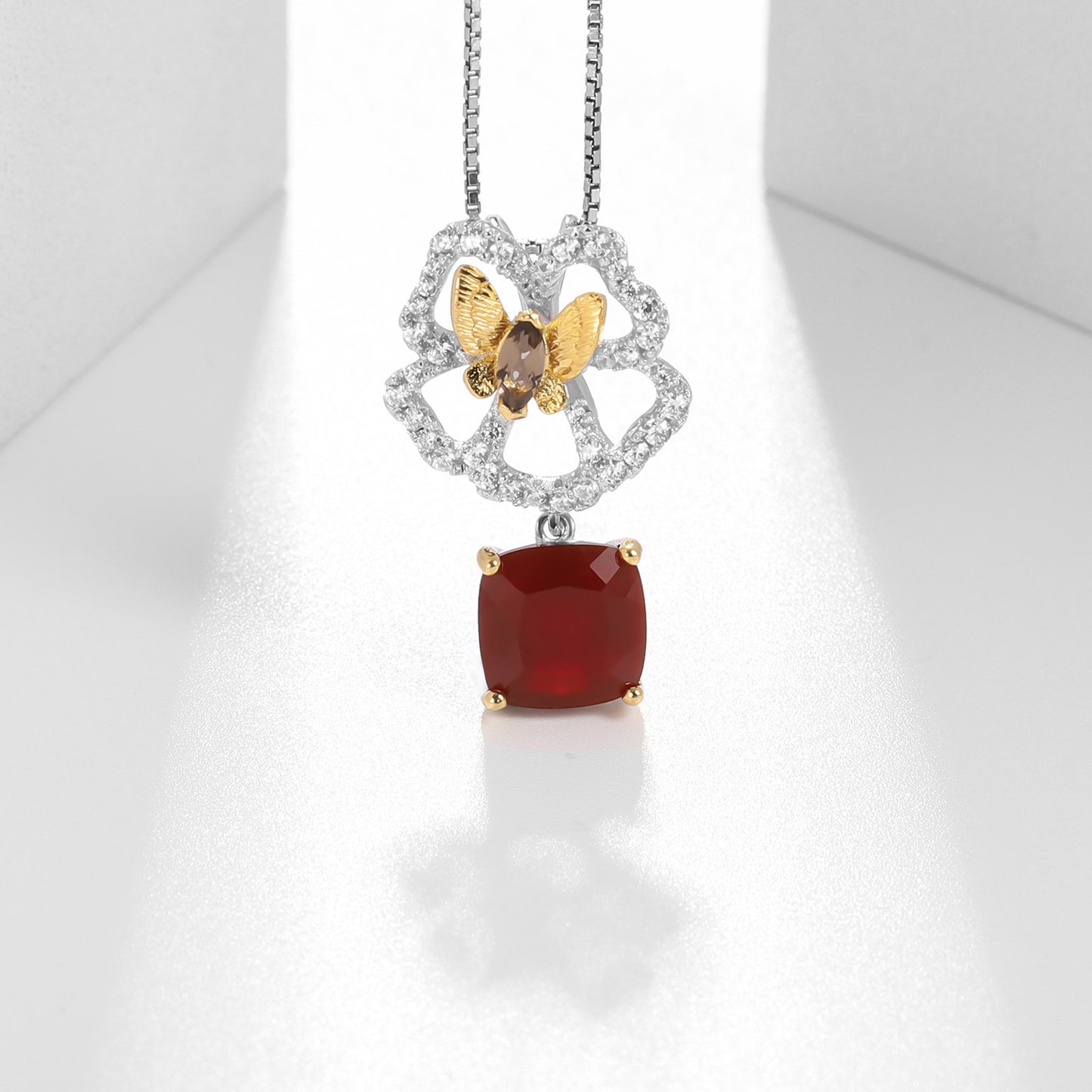 Natural Style Inlaid Colourful Gemstones Butterfly Blossom Pendant Sterling Silver Necklace for Women