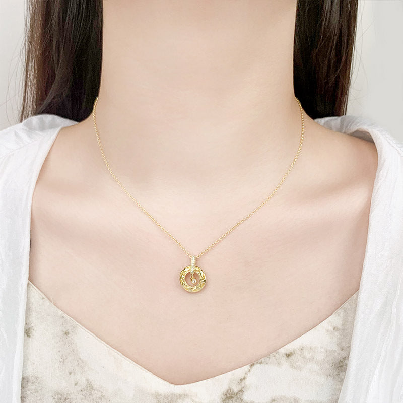 Two-sided Enamel with Red Zircon Hollow Circle Pendant Silver Necklace for Women