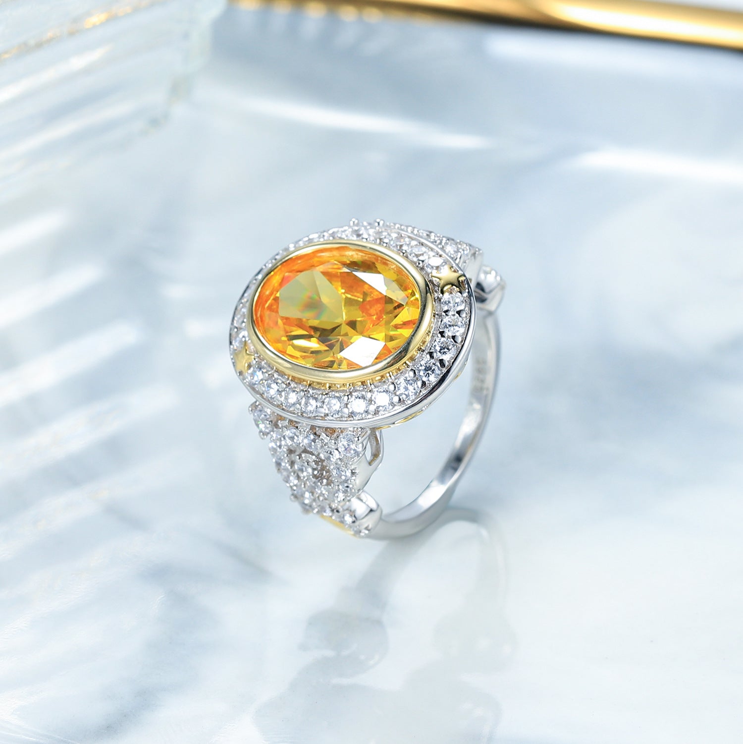 Golden Yellow Zircon S925 silver Luxury hand Ornament Ring for Women