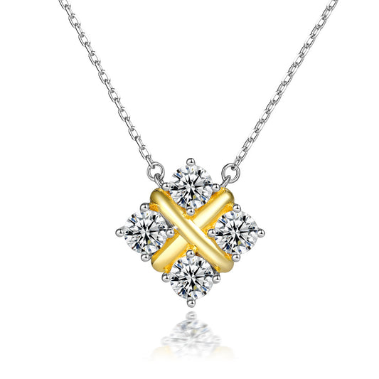 X-shaped Square with Round Zircon Pendant Silver Necklace for Women