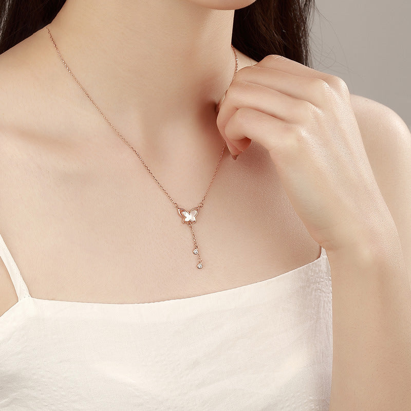 Mother-of-pearl Butterfly Tassel with Zircon Silver Necklace for Women
