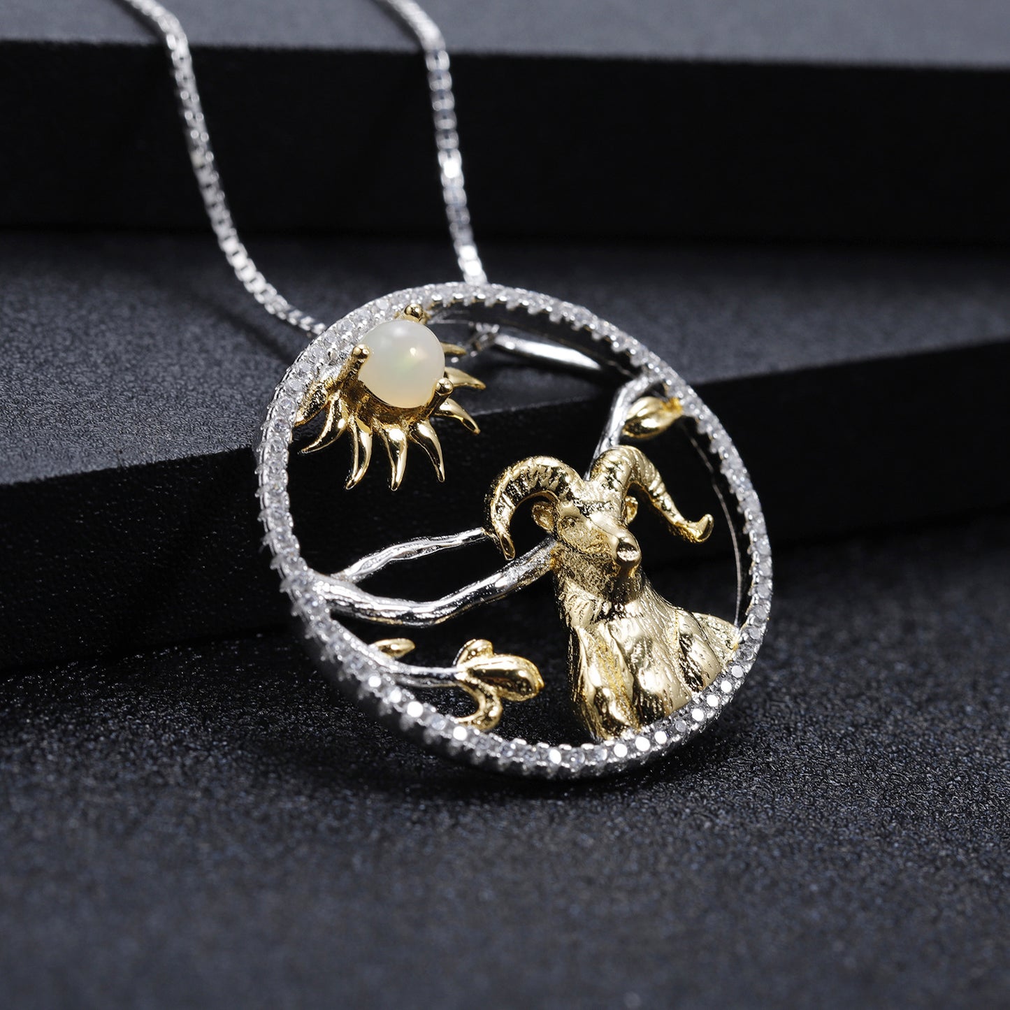 Chinese Style Element Design Zodiac Series Goat Natural Gemstone Pendant Silver Necklace for Women