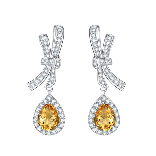 Yellow Natural Topaz 6*8mm - Platinum Plated - Drop Silver Earring for Women