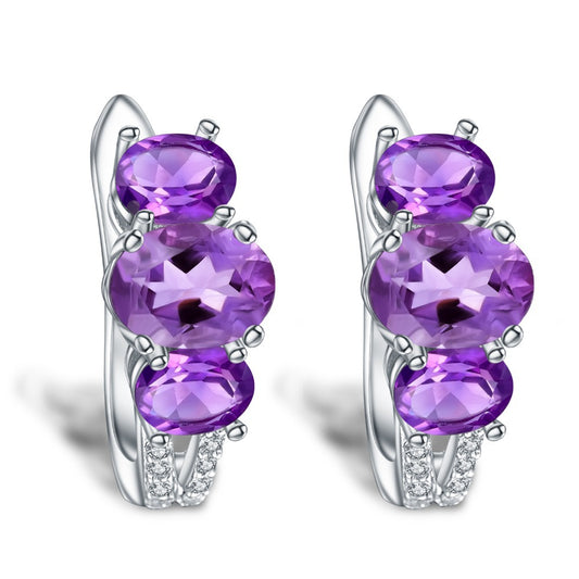 Natural Amethyst Oval Shape Three Stones Silver Studs Earrings for Women