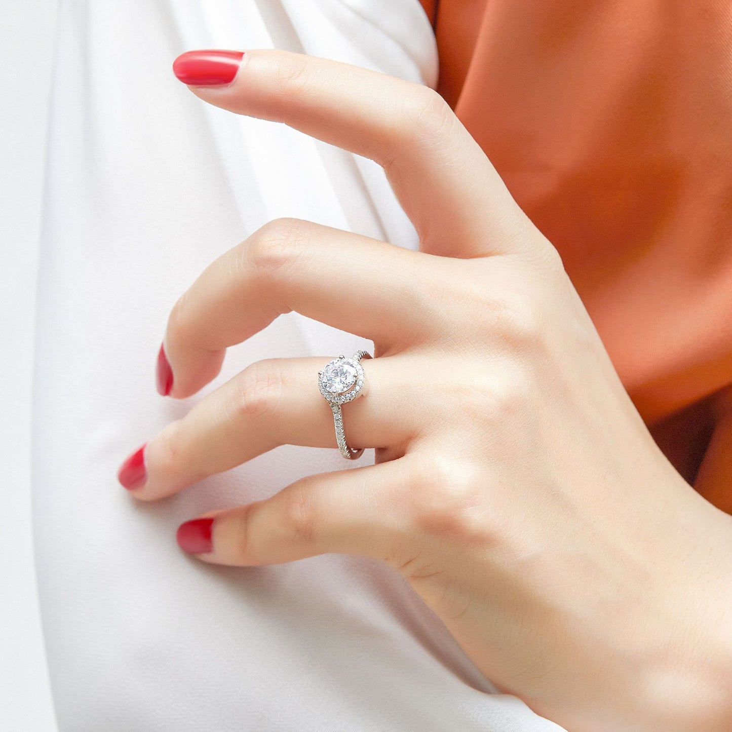 Round Zircon Soleste Halo Embrace Silver Ring