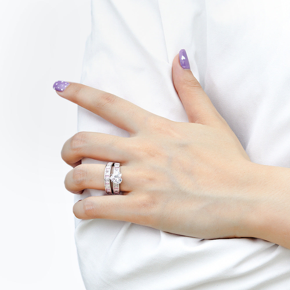 Heart-shaped Zircon with Rectangle Pink Zircon Silver Ring Set for Women