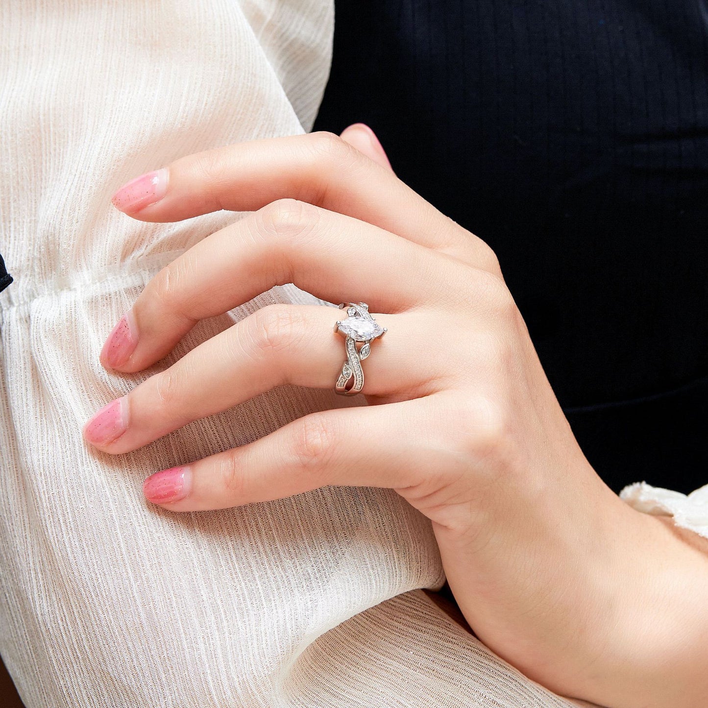 Marquise Zircon with Hollow Pattern Silver Ring for Women