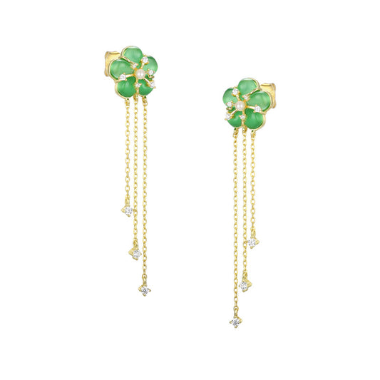 Green Opal Stone Flower Tassel Silver Earrings for Women