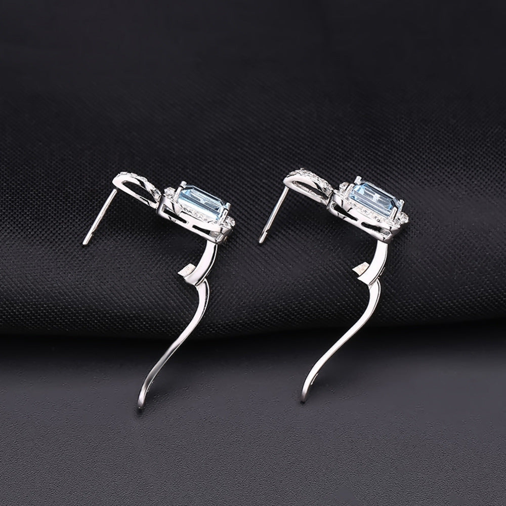 Luxurious Natural Topaz Soleste Halo Square Silver Studs Earrings for Women