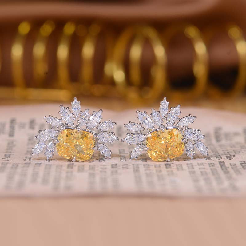 Yellow Zircon 9*11mm Rectangle Ice Cut Half Annular Petals Silver Studs Earrings for Women