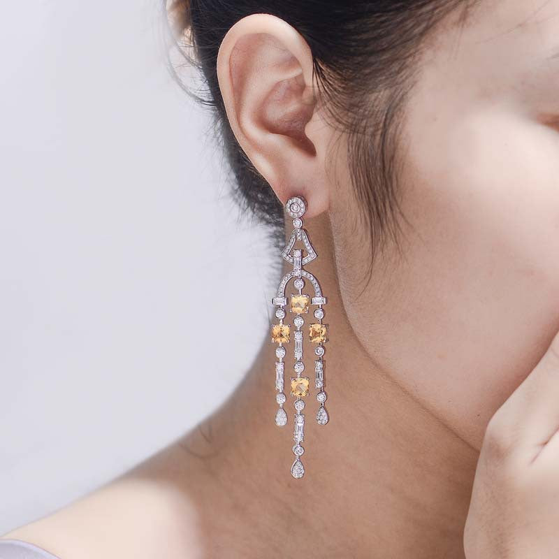 Yellow Natural Cystal Tassels Silver Drop Earrings for Women