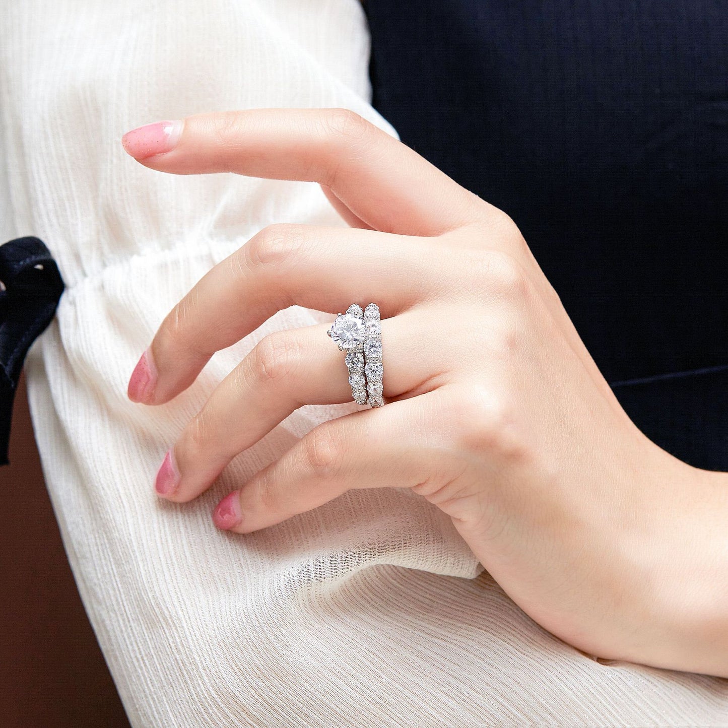 Round Zircon with Beading Zircon Silver Ring Set