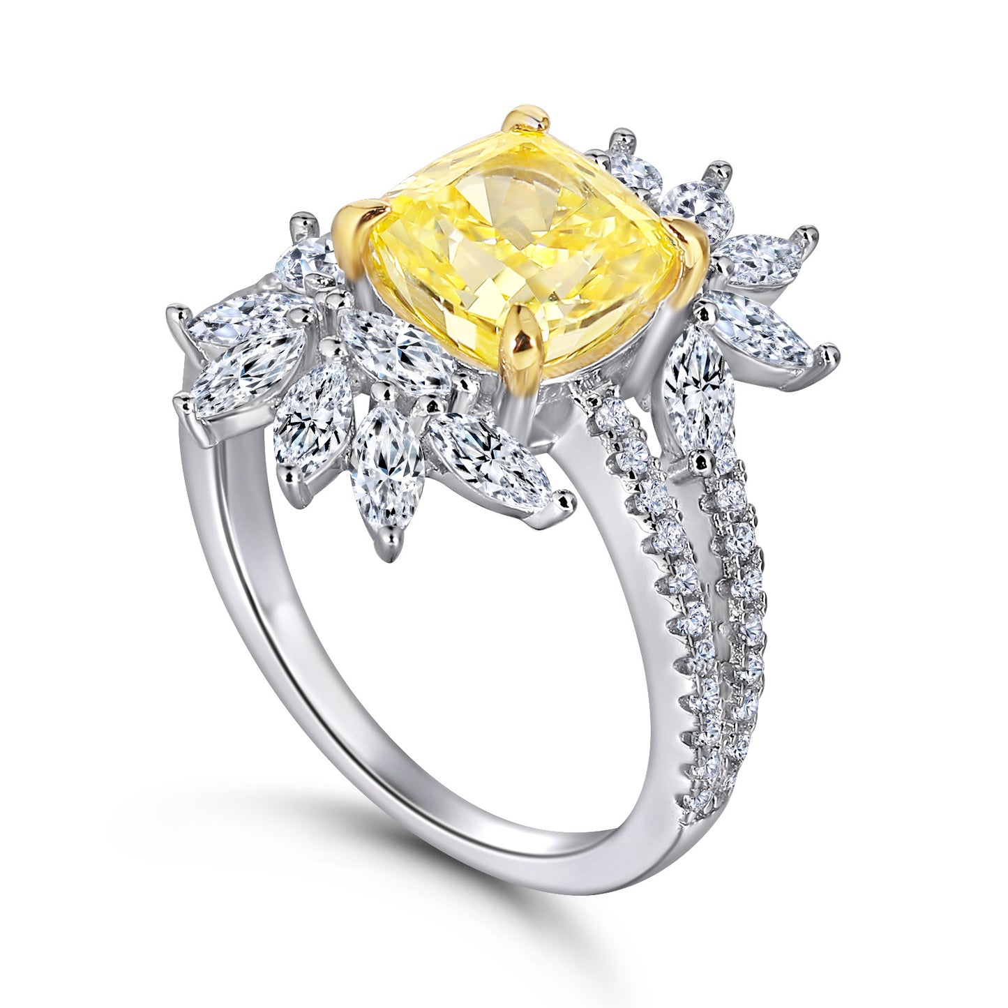 (2.0CT) Ice Cut Cushion Yellow Zircon with Marquise Zircon Silver Ring for Women