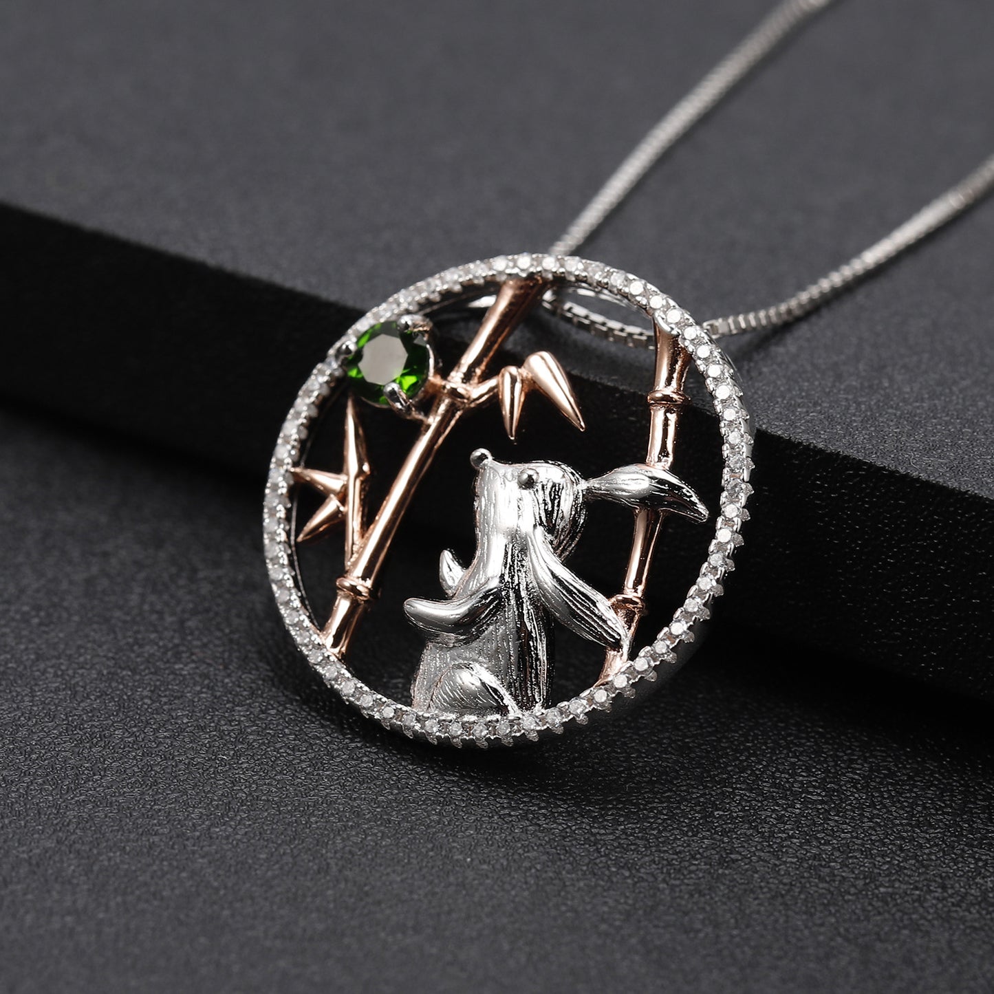 Chinese Style Inlaid Natural Colourful Gemstone Jade Rabbit Pendant Silver Necklace for Women