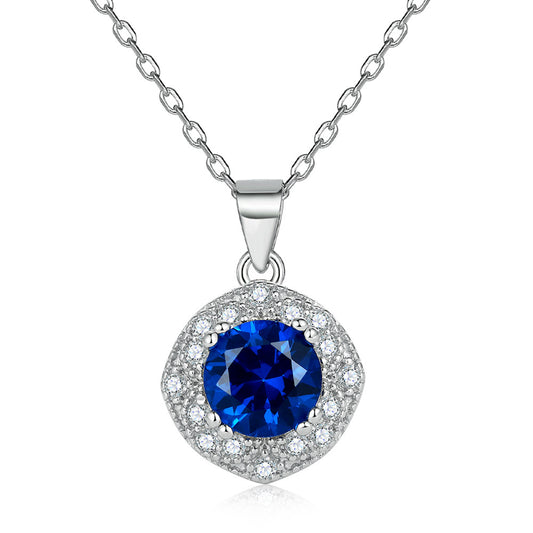 Blue Zircon Soleste Halo Pendant Silver Necklace for Women