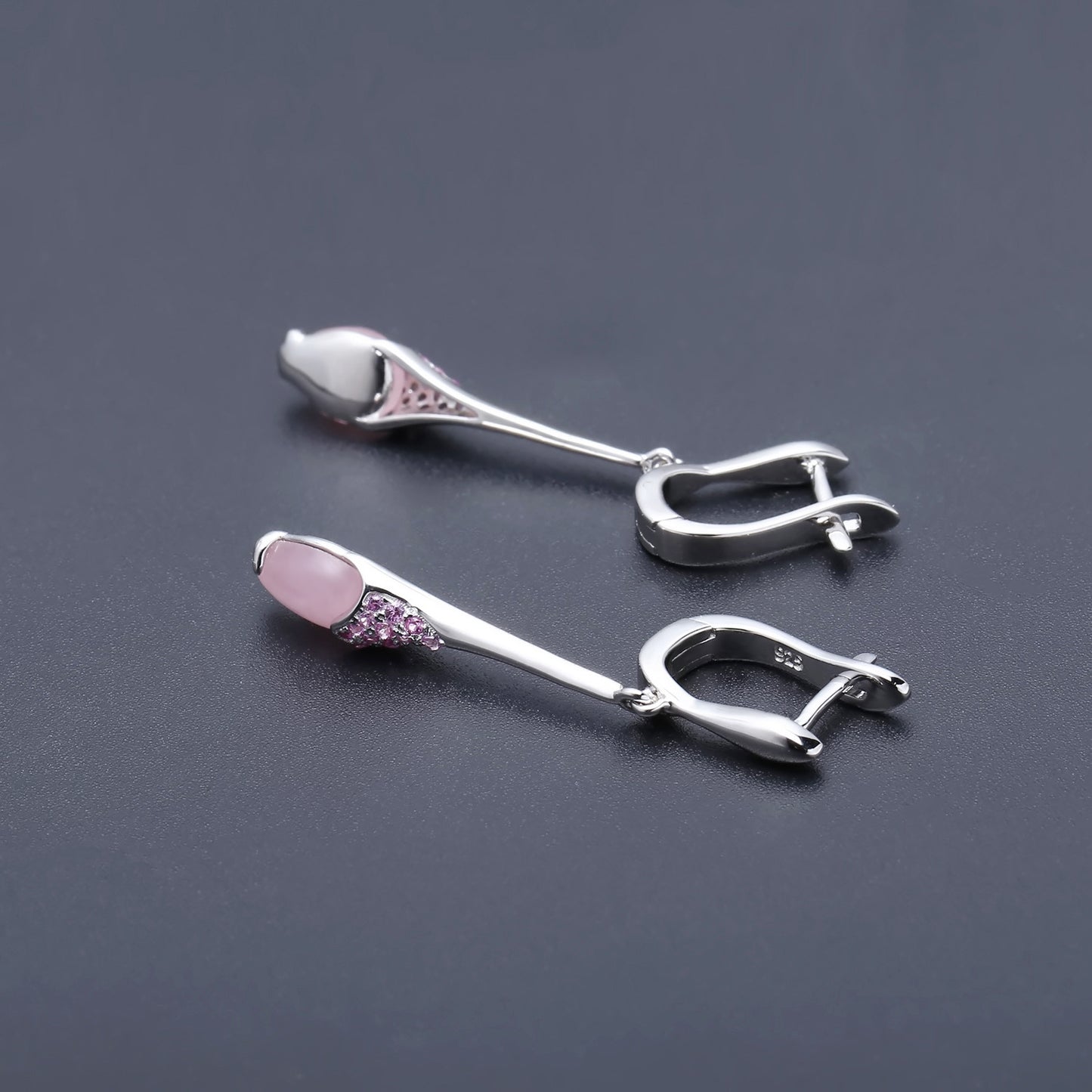 Italian Design Inlaid Pink Chalcedony Long Style Silver Drop Earrings for Women