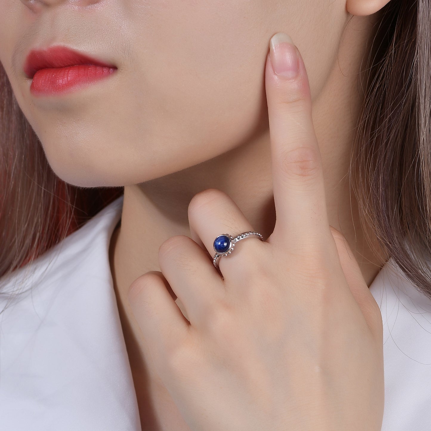 Luxury Six Ray Star Inlaid Red and Sapphire Round Cut Jewelry S925 Silver Ring for Women