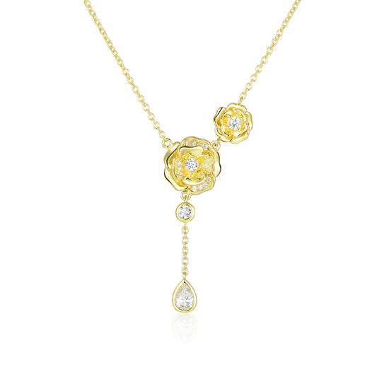 Double Camellia Tassel Zircon Silver Necklace for Women