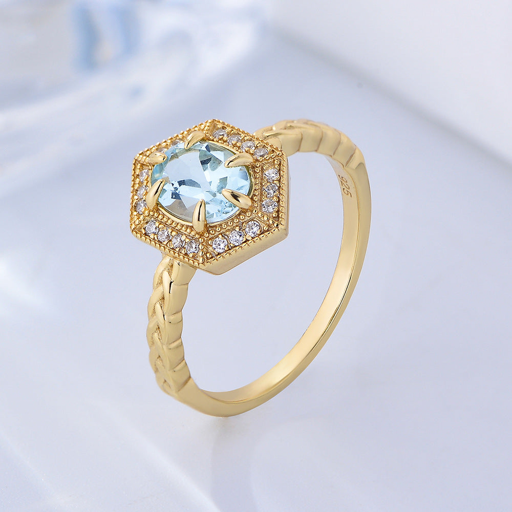 Sky Blue Topaz Luxury Hexagon Sterling Silver Ring for Women