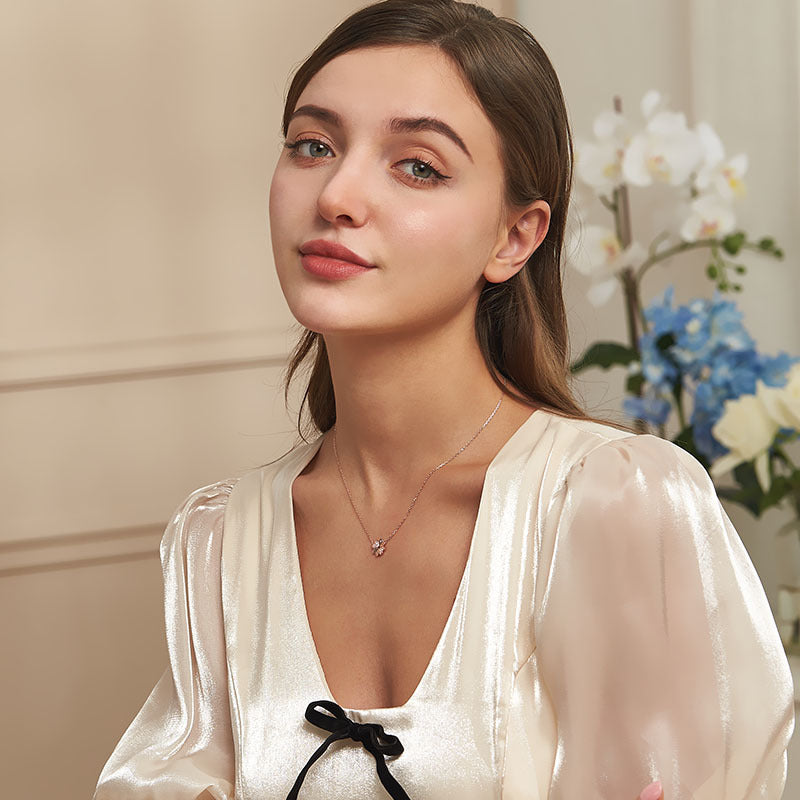 Four Heart-shape Leaves Clover with Zircon Silver Necklace for Women